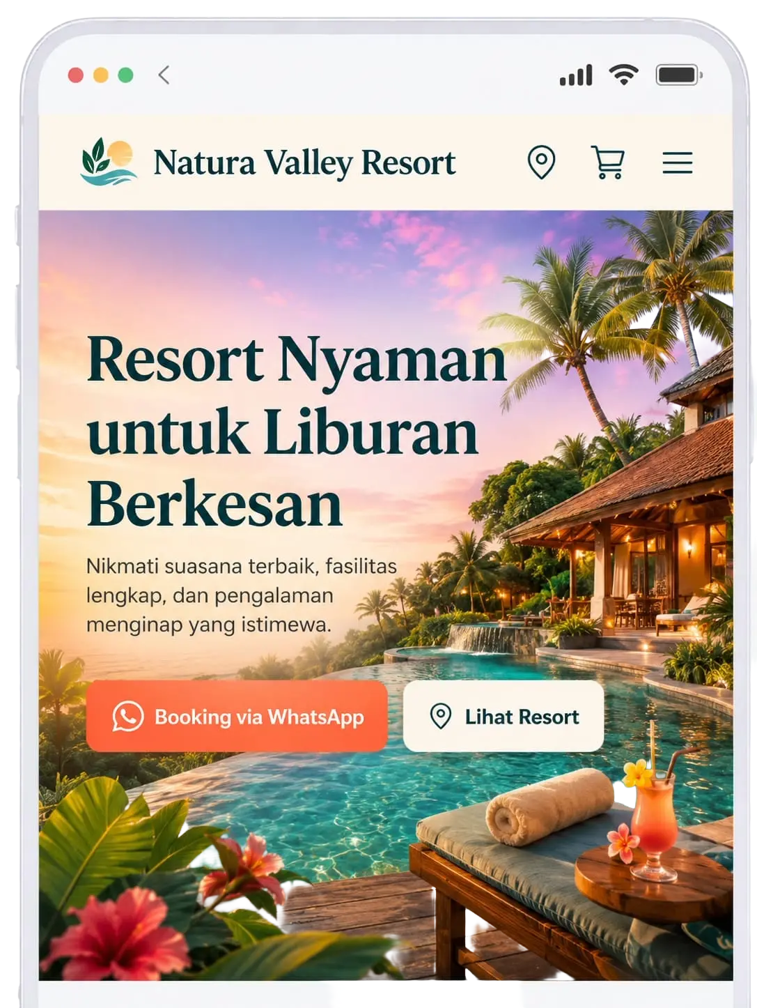 Ilustrasi tampilan template website usaha kopi di layar smartphone